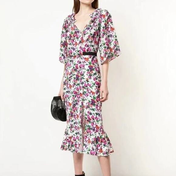SALONI Dresses & Skirts - Saloni White Olivia Floral Print Ruffle Hem Silk Midi Dress